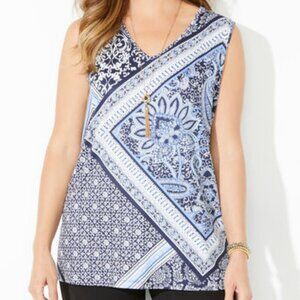 Catherines Anywear Navy/Blue Scarf Print V- Neck Sleeveless Tank Top- 5X - NWT